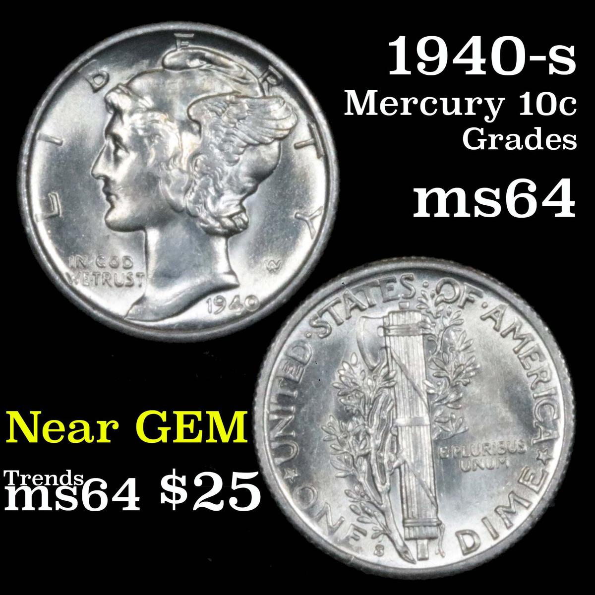 1940-s Mercury Dime 10c Grades Choice Unc