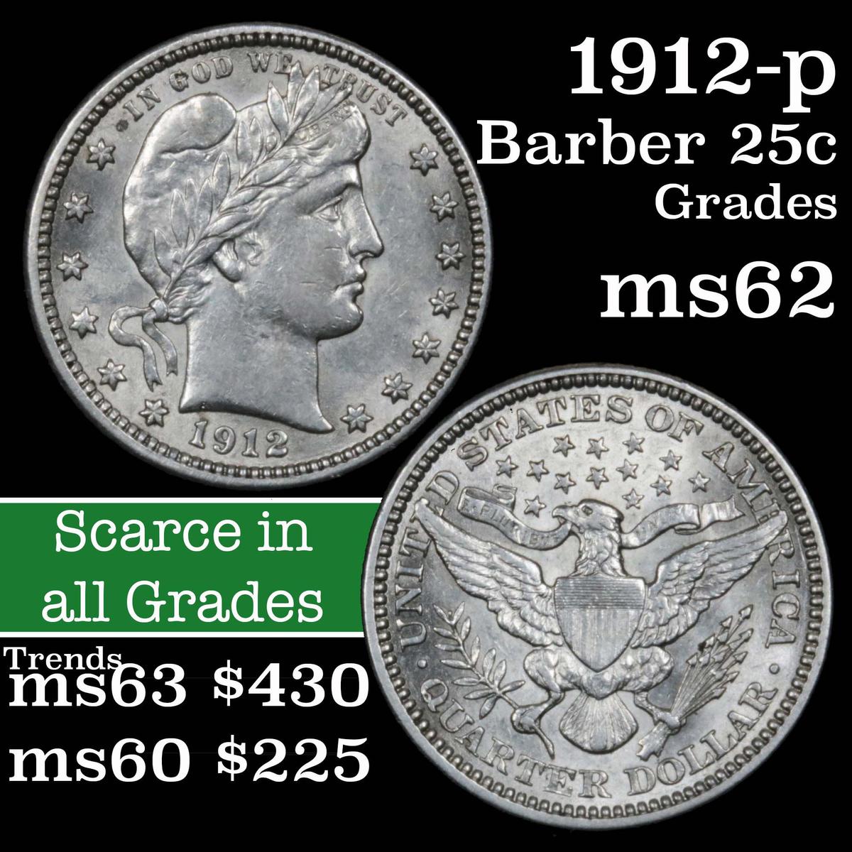 1912-p Barber Quarter 25c Grades Select Unc (fc)