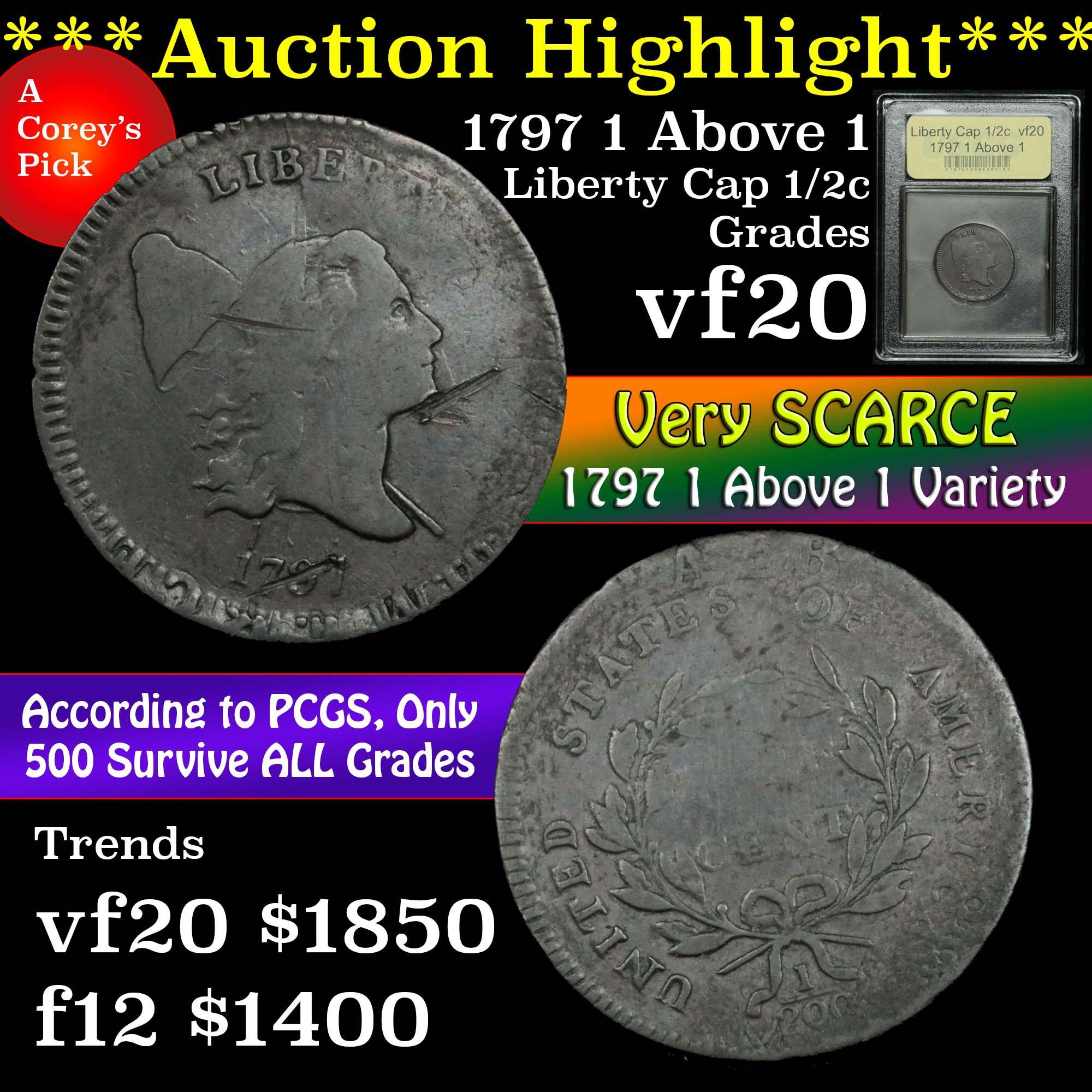 ***Auction Highlight*** 1797 1 Above 1 Liberty Cap Half Cent 1/2c Graded vf, very fine by USCG (fc)