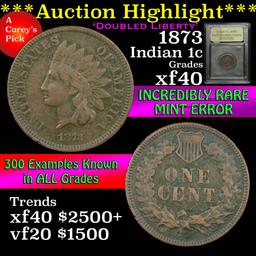 ***Auction Highlight*** 1873 Doubed Liberty Indian Cent 1c Graded xf by USCG (fc)