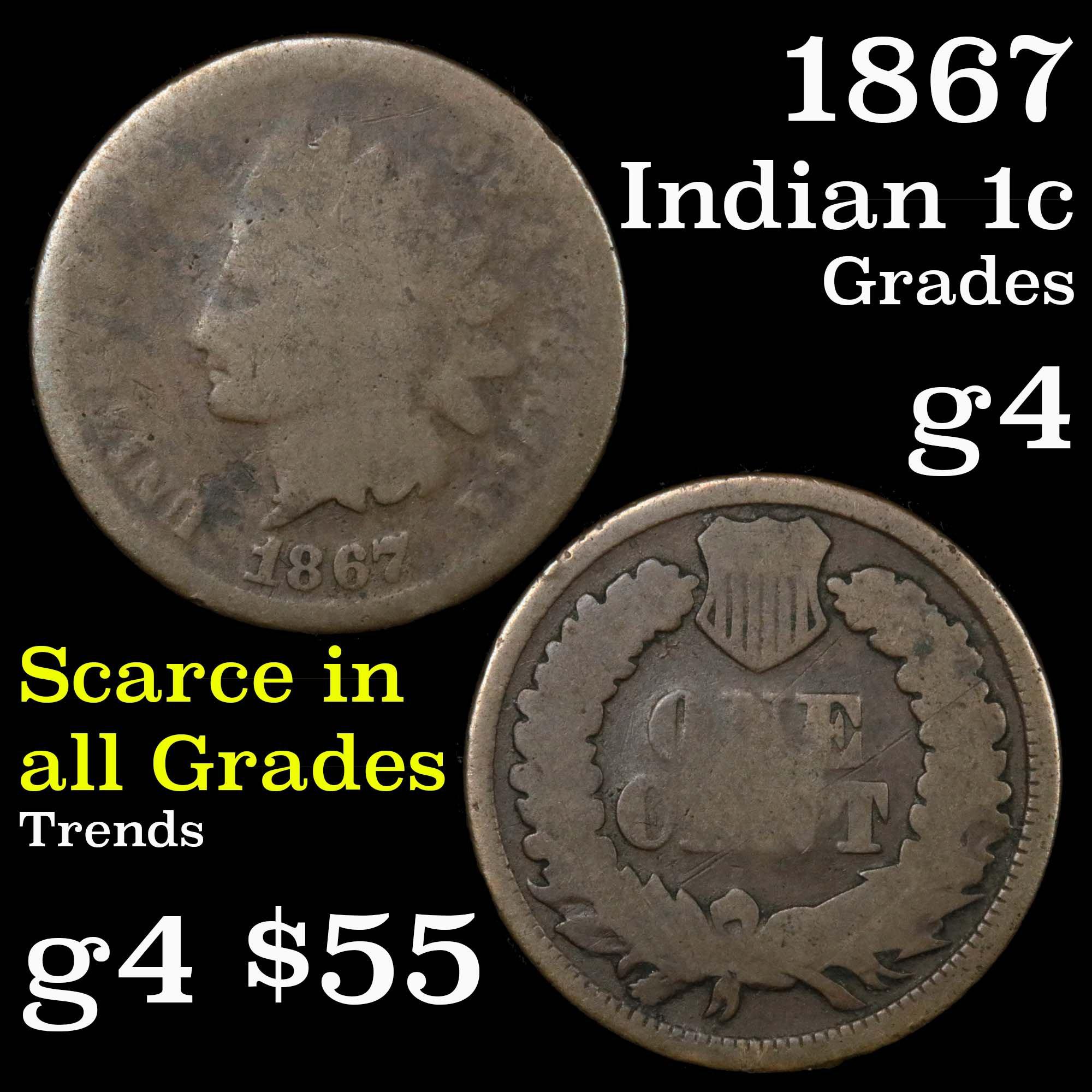 1867 Indian Cent 1c Grades g, good