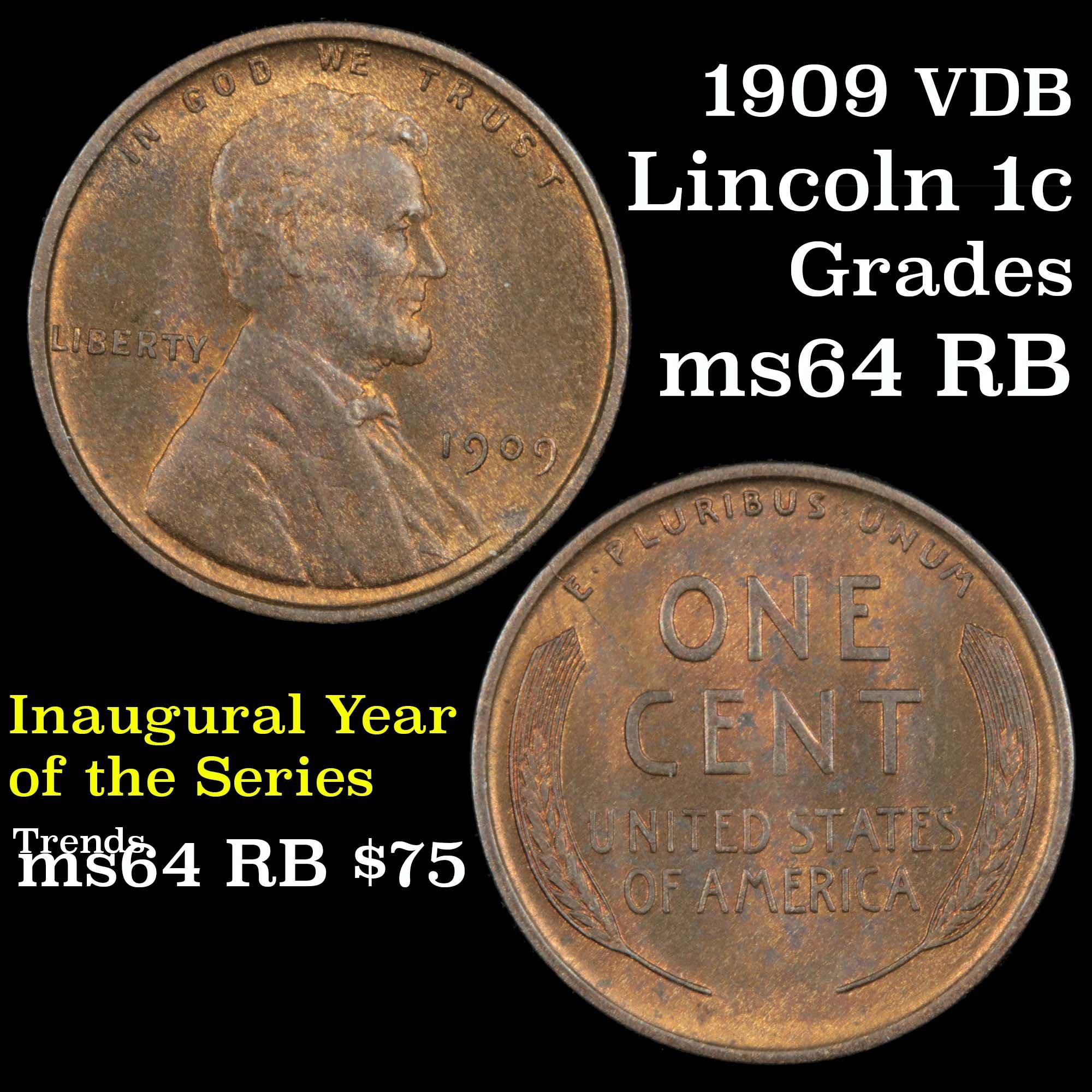 1909 VDB Lincoln Cent 1c Grades Choice Unc RB