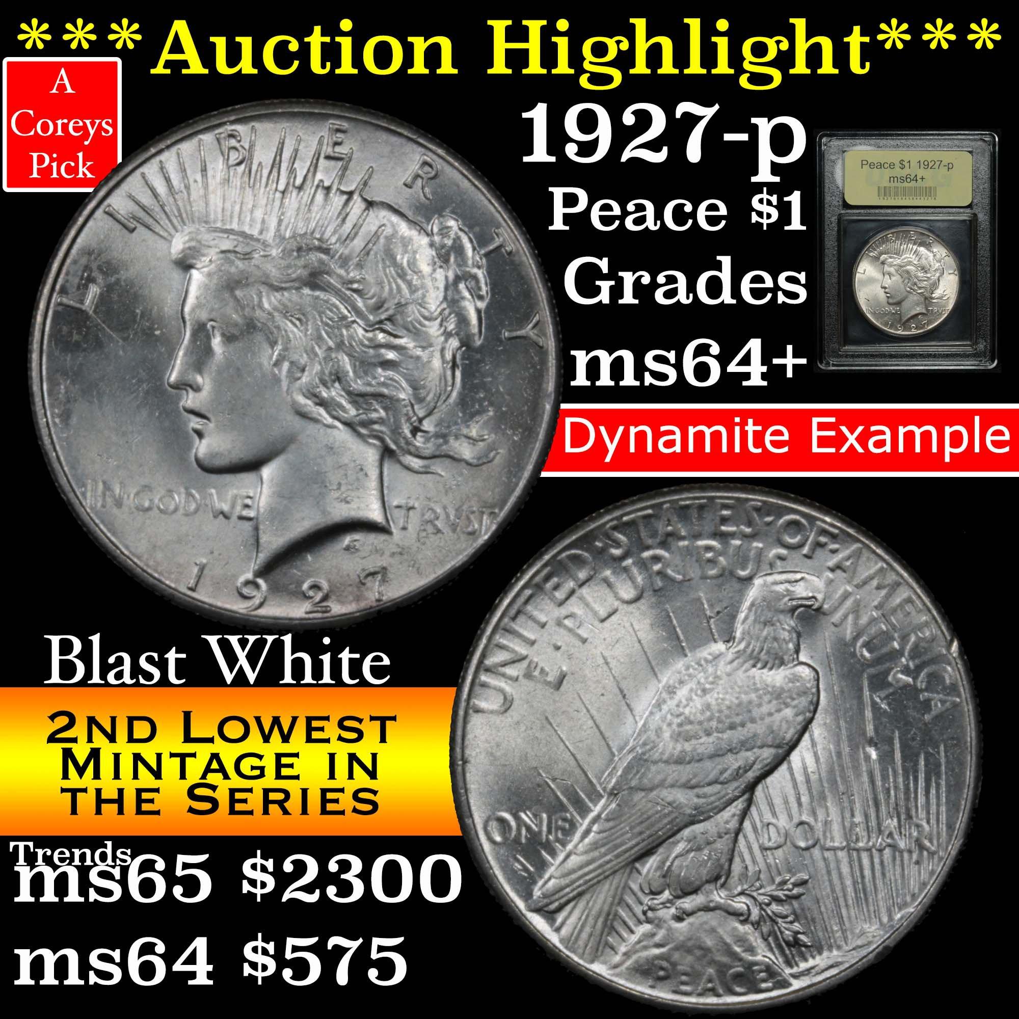 ***Auction Highlight*** 1927-p Peace Dollar $1 Graded Choice+ Unc by USCG (fc)