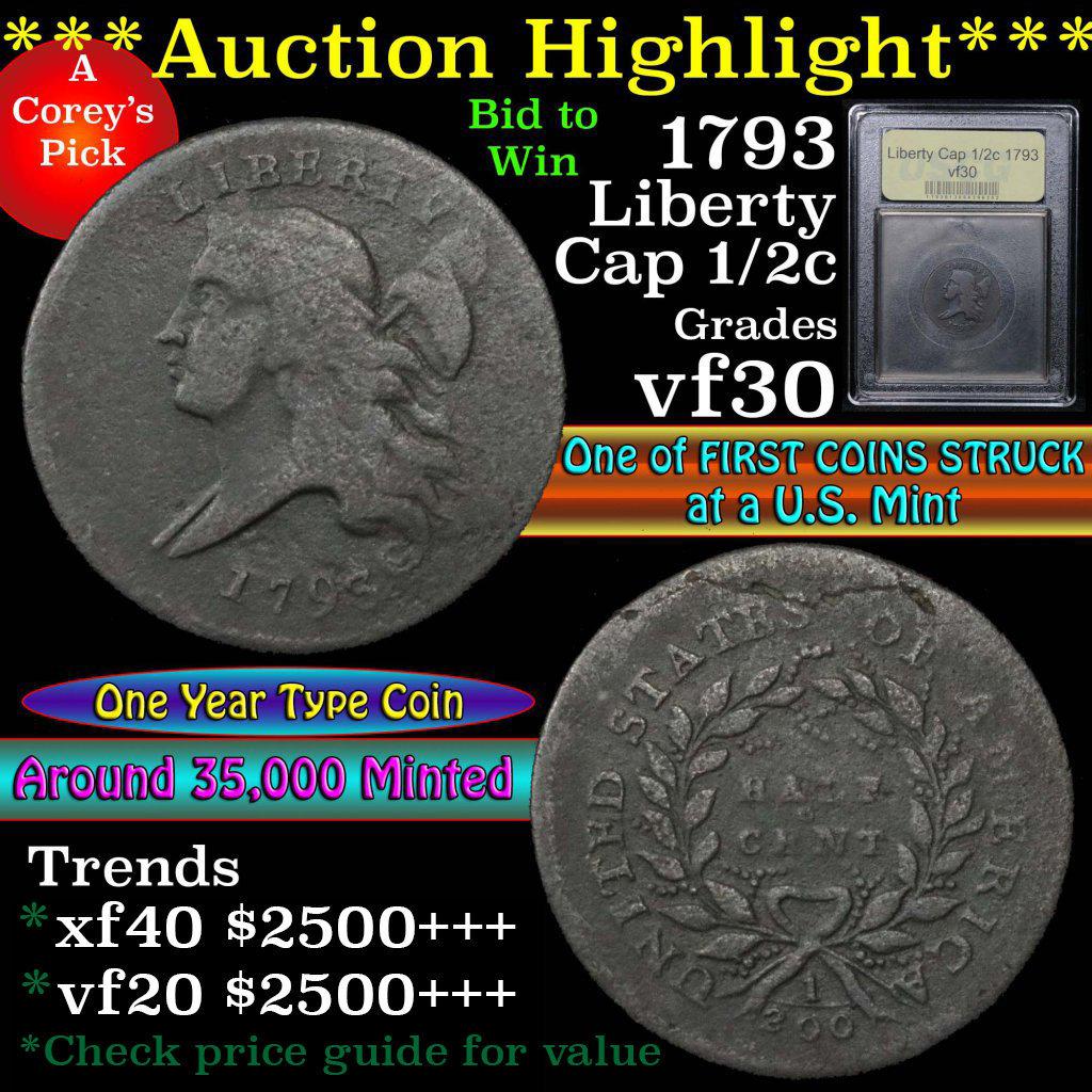 ***Auction Highlight*** 1793 Liberty Cap 1/2c Grades vf++ (fc)