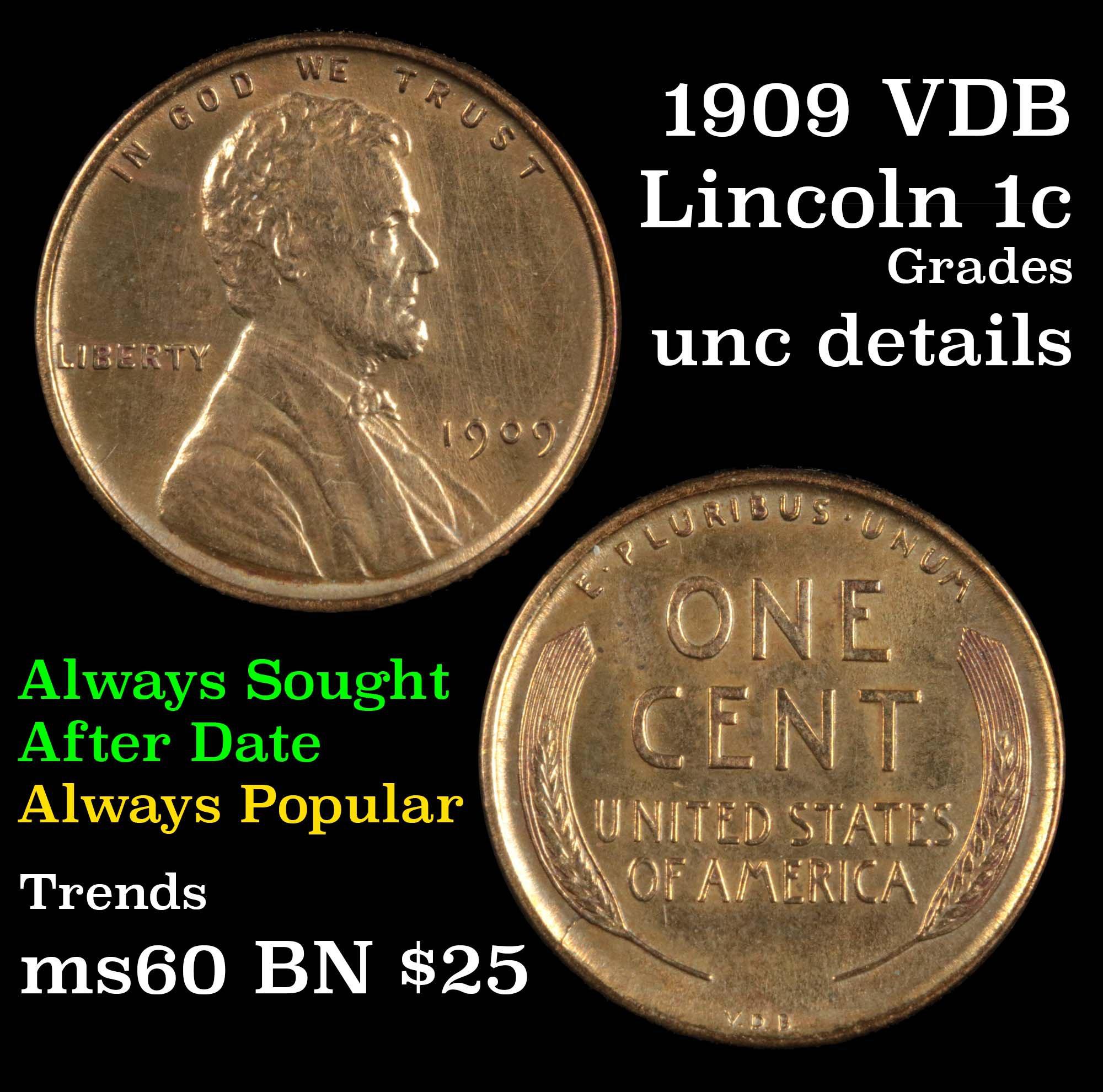 1909 VDB Lincoln Cent 1c Grades Unc Details