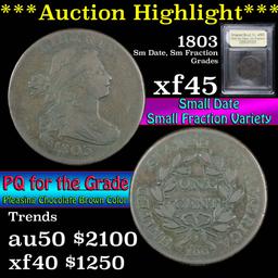 ***Auction Highlight*** 1803 Sm Date, Sm Fraction Draped Bust Large Cent 1c Graded xf+ by USCG (fc)