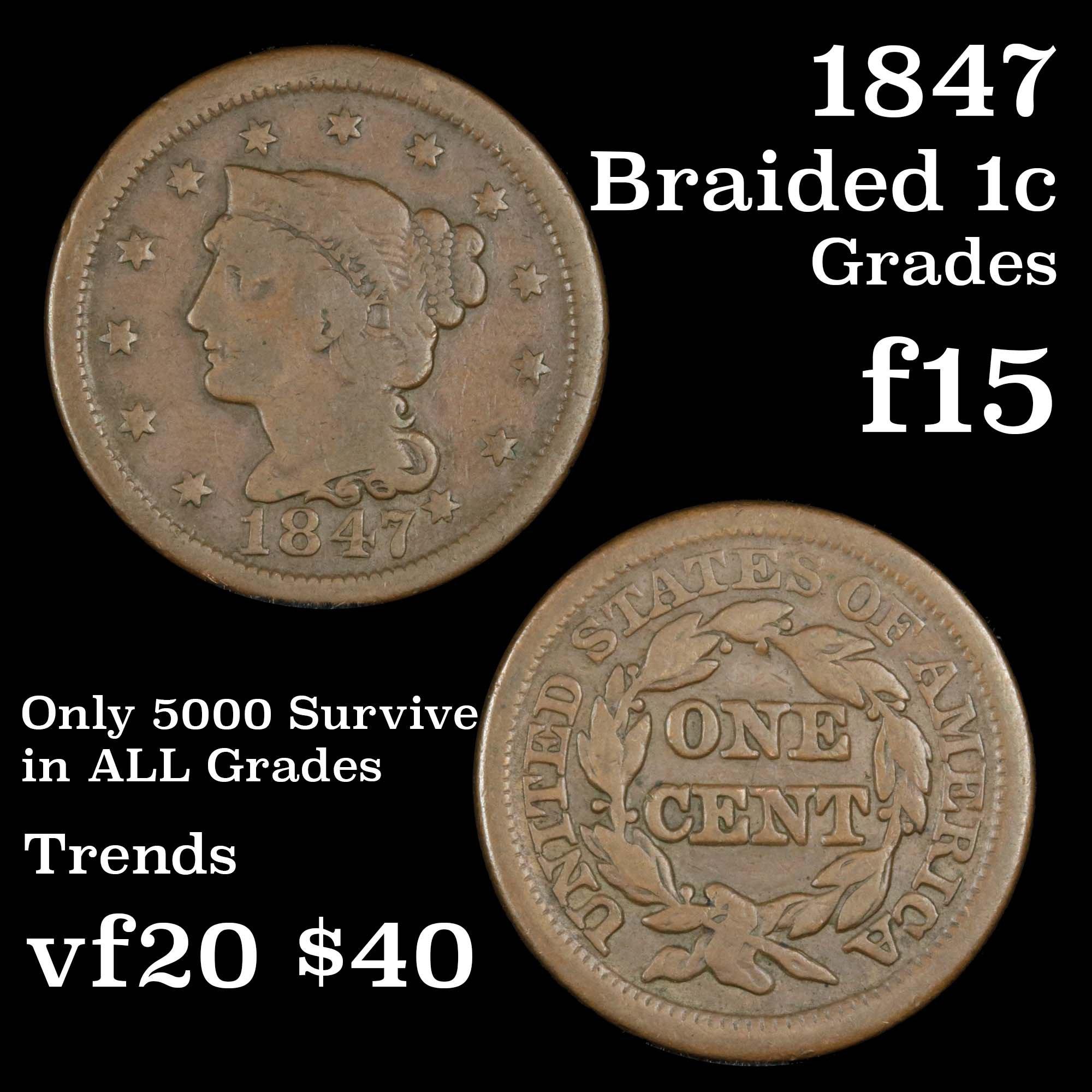 1847 Braided Hair Large Cent 1c Grades f+