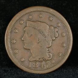 1847 Braided Hair Large Cent 1c Grades f+