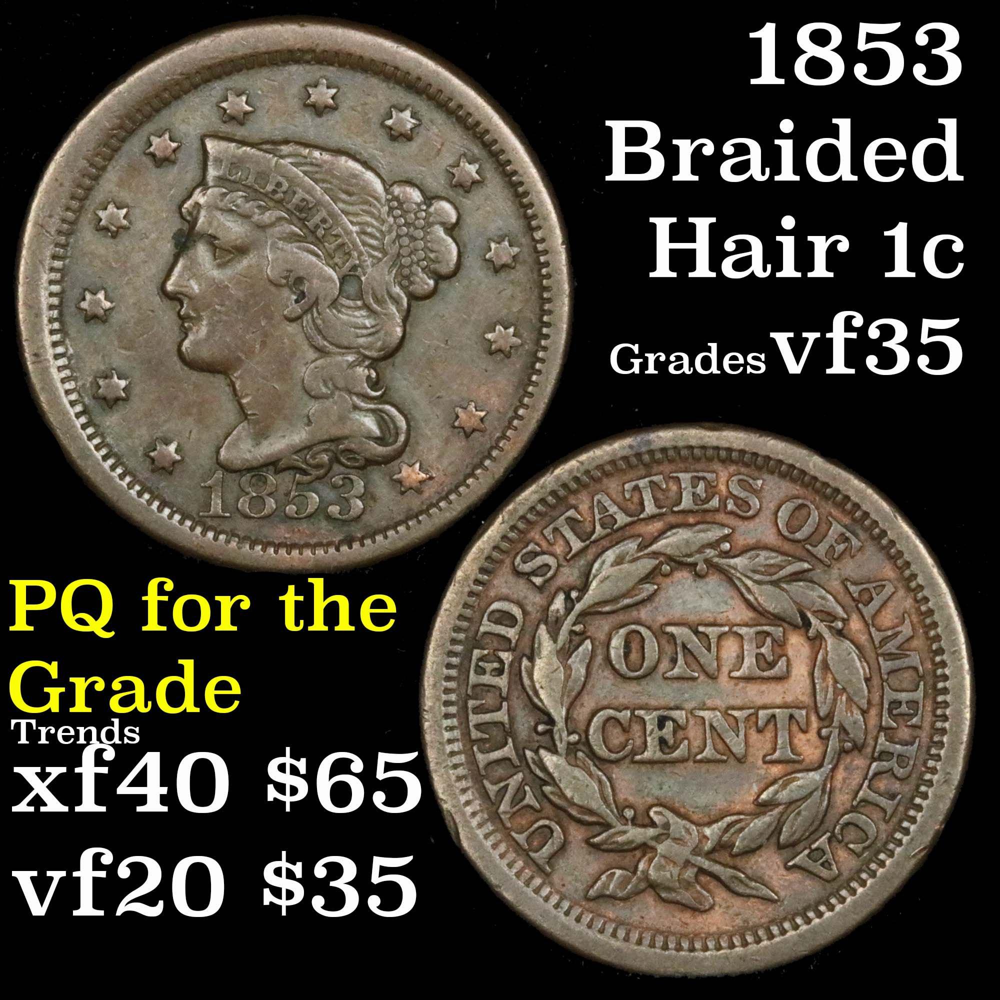 1853 Braided Hair Large Cent 1c Grades vf++