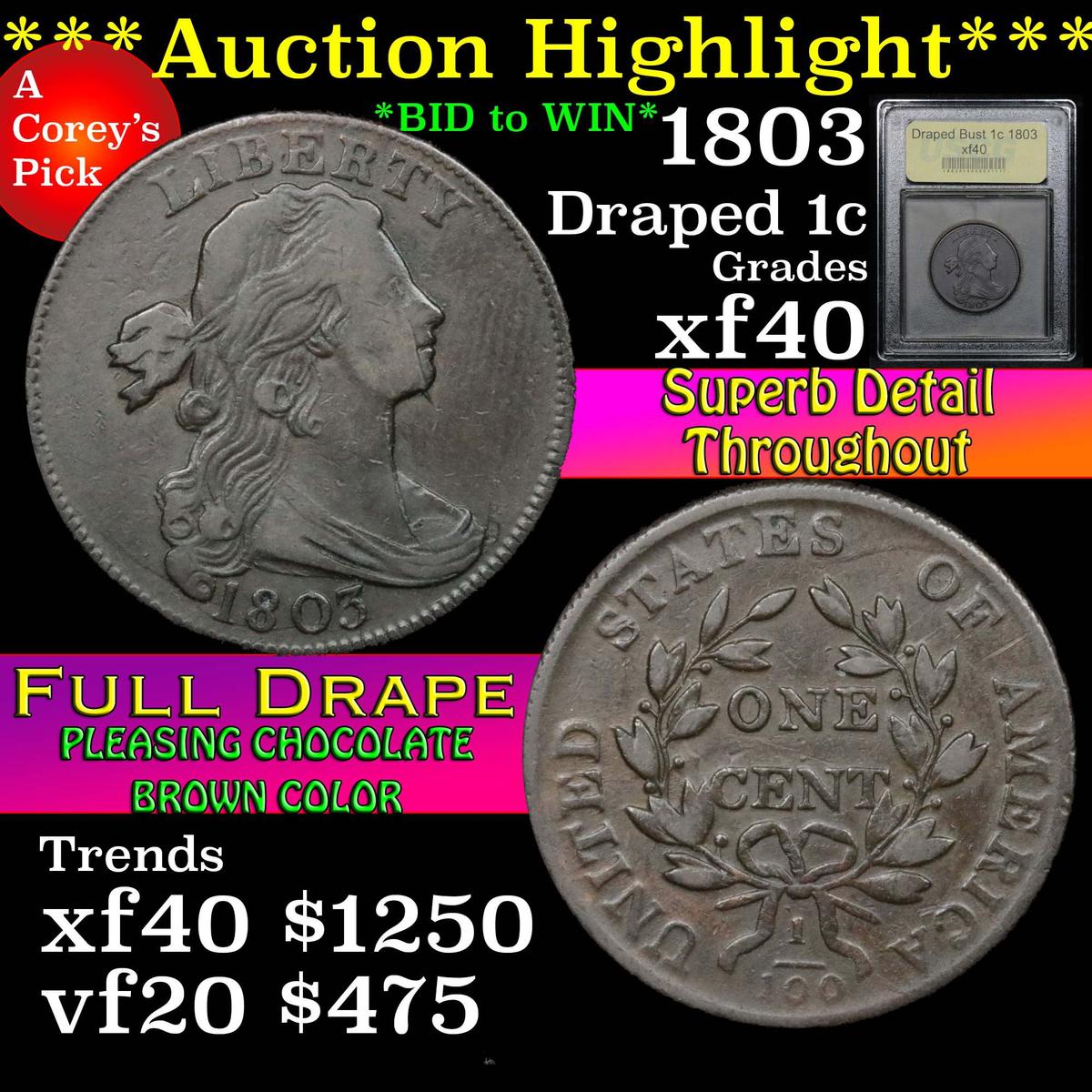 ***Auction Highlight*** 1803 Draped Bust Large Cent 1c Graded xf By USCG (fc)
