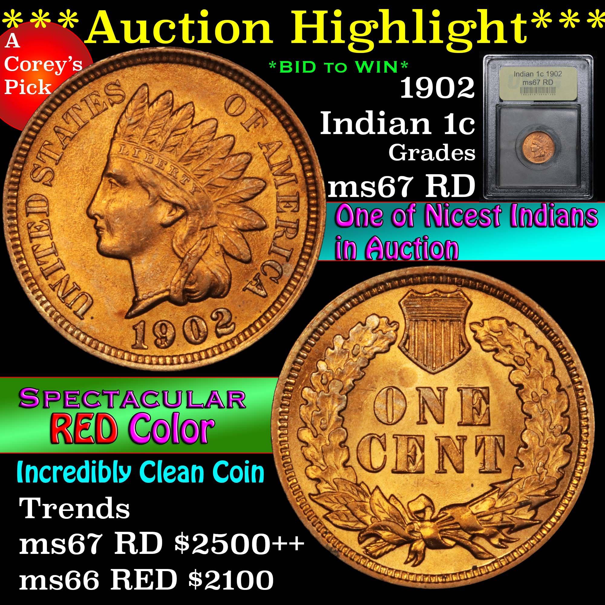 ***Auction Highlight*** 1902 Indian Cent 1c Graded GEM++ Unc RD By USCG (fc)