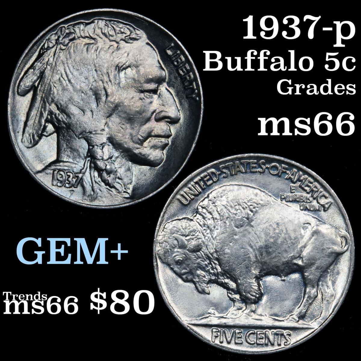 1937-p Buffalo Nickel 5c Grades GEM+ Unc