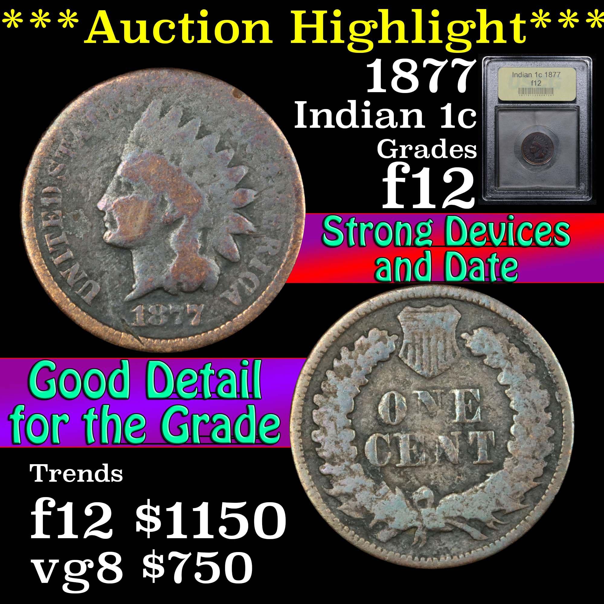 ***Auction Highlight*** 1877 Indian Cent 1c Graded f, fine By USCG (fc)