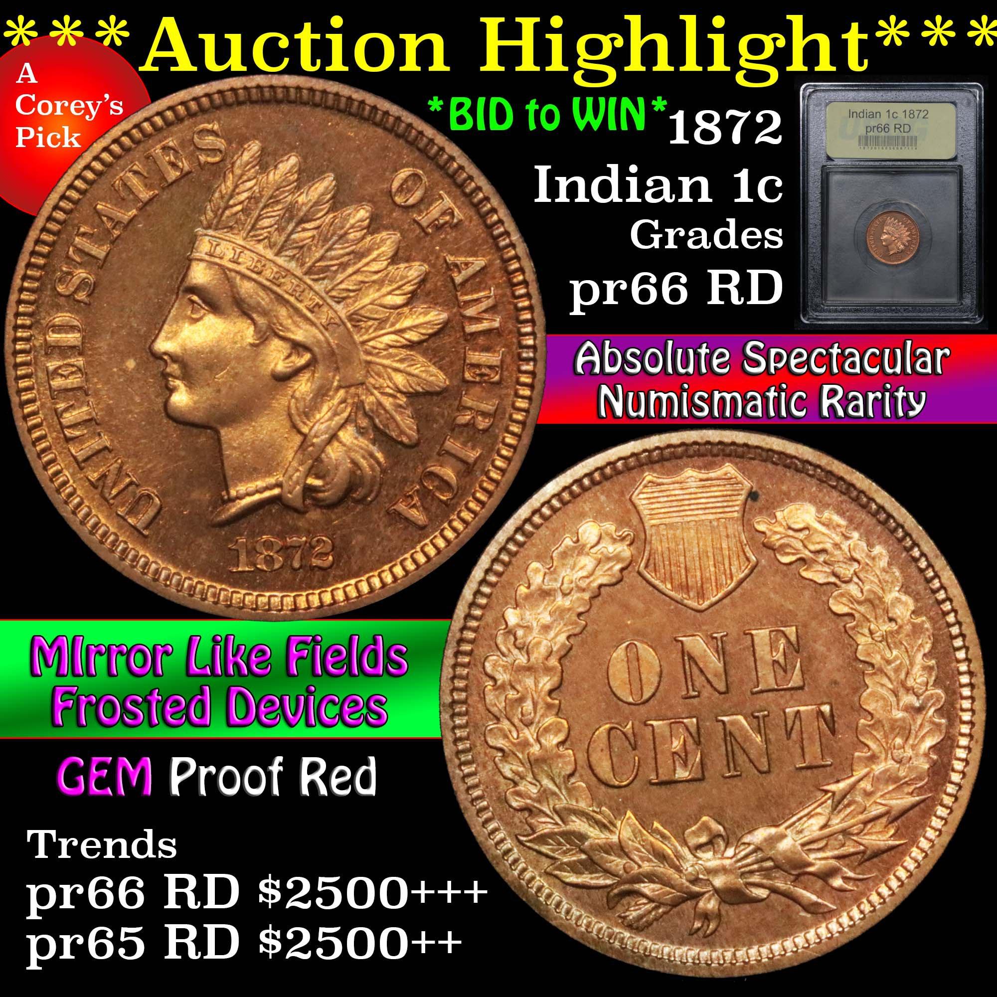 ***Auction Highlight*** 1872 Indian Cent 1c Graded Gem+ Proof RD By USCG (fc)