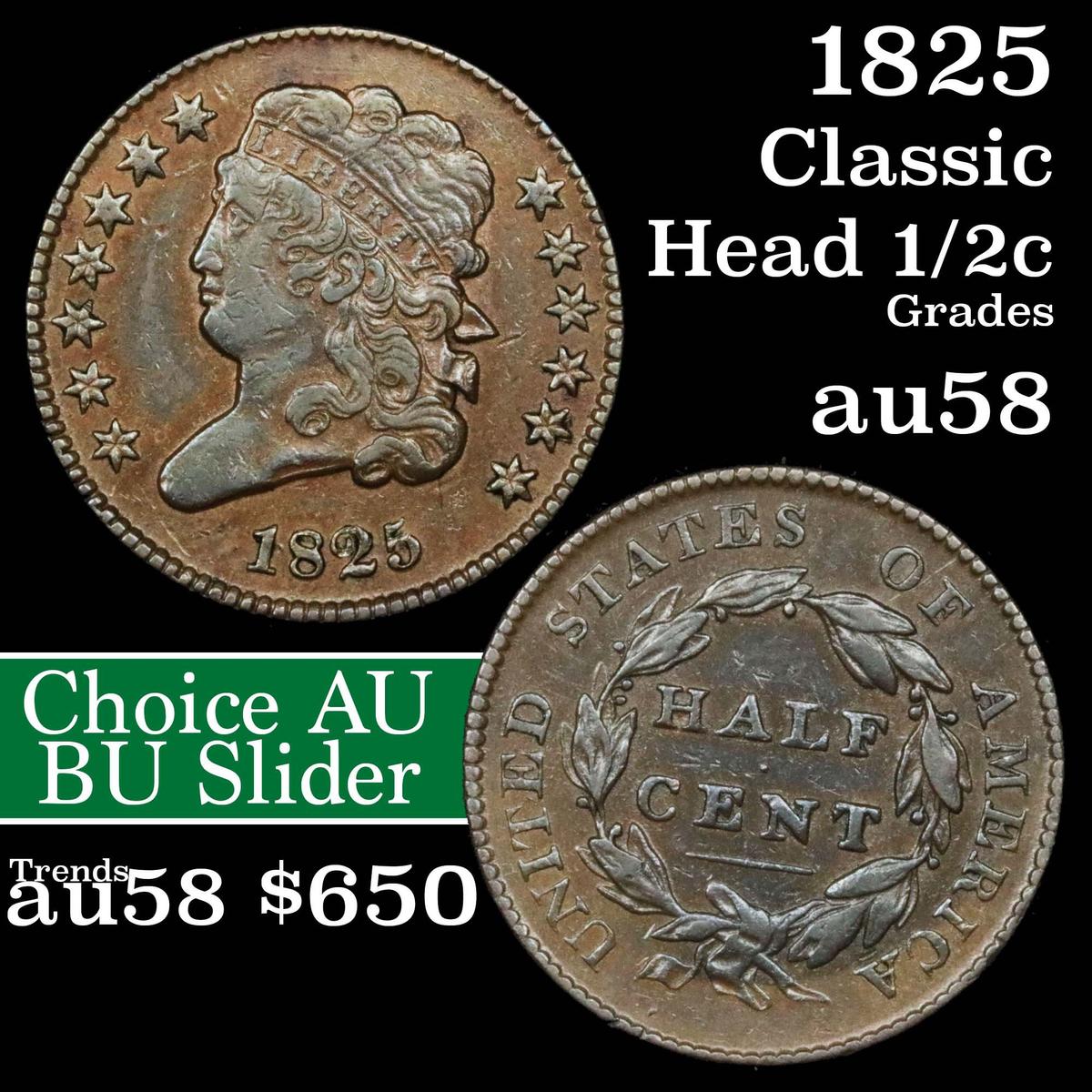 1825 Classic Head half cent 1/2c Grades Choice AU/BU Slider