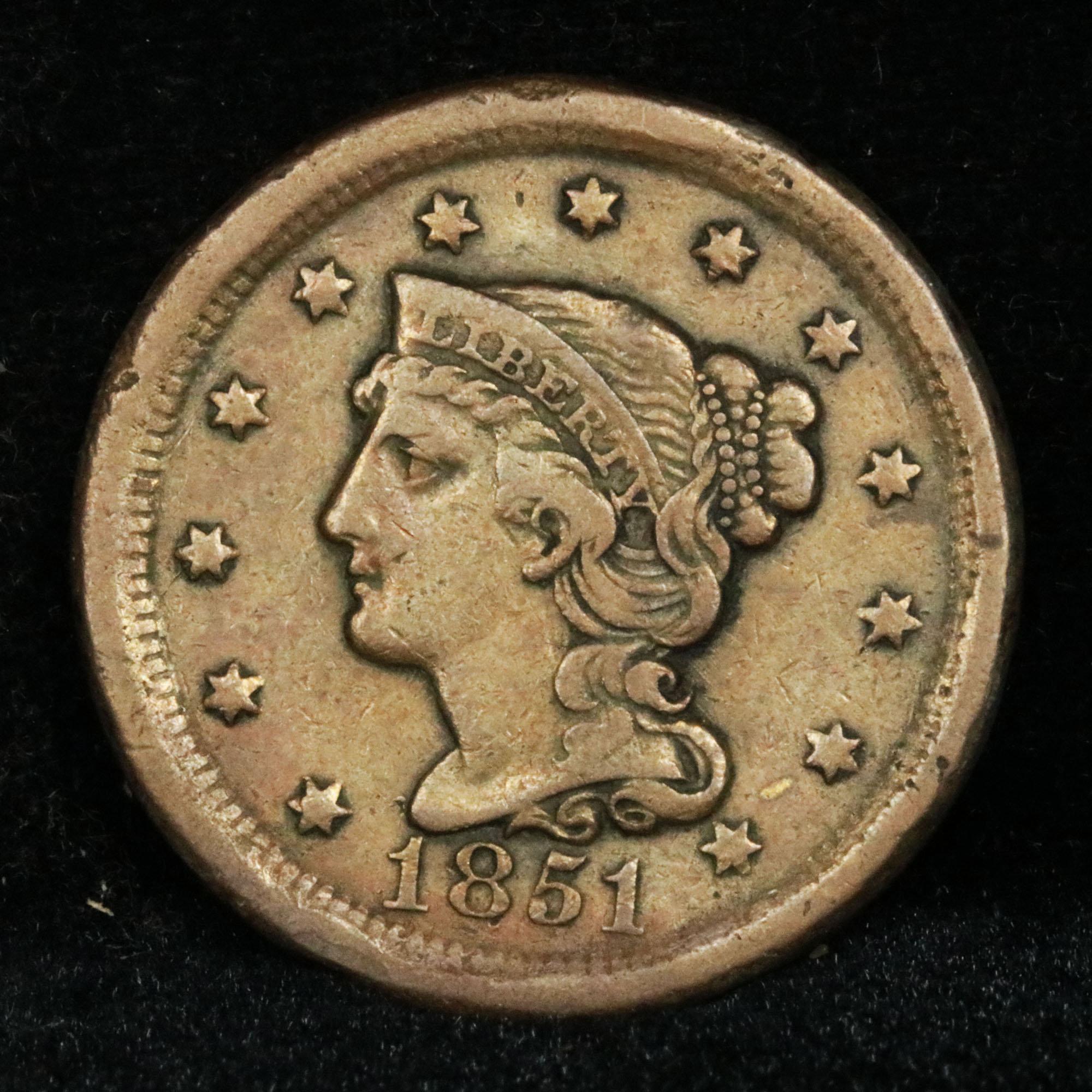 1851 Braided Hair Large Cent 1c Grades vf++