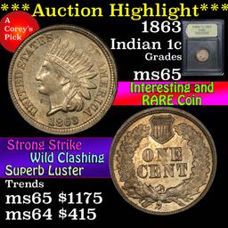 ***Auction Highlight*** 1863 Indian Cent 1c Graded GEM Unc By USCG (fc)