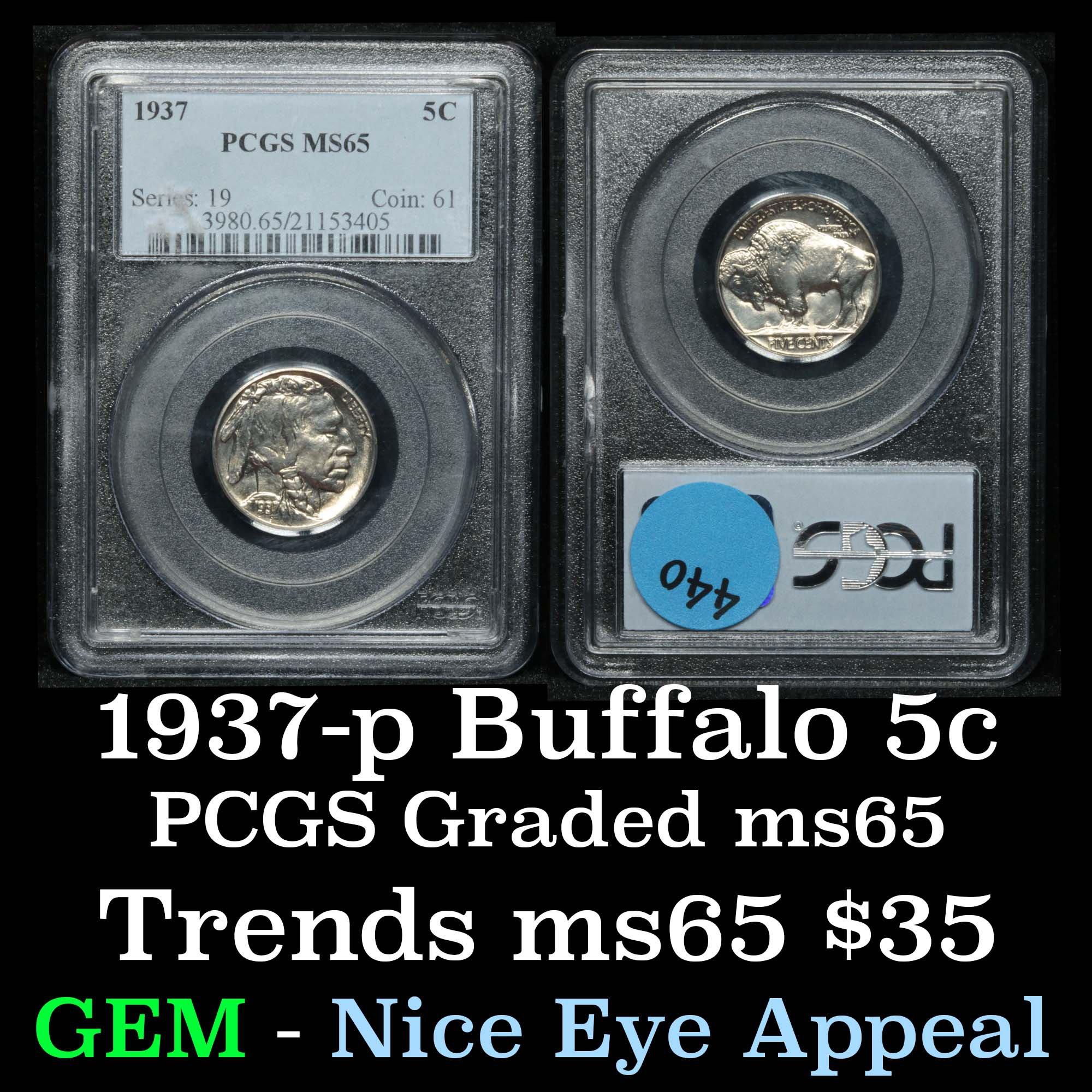 PCGS 1937-p Buffalo Nickel 5c Graded ms65 By PCGS
