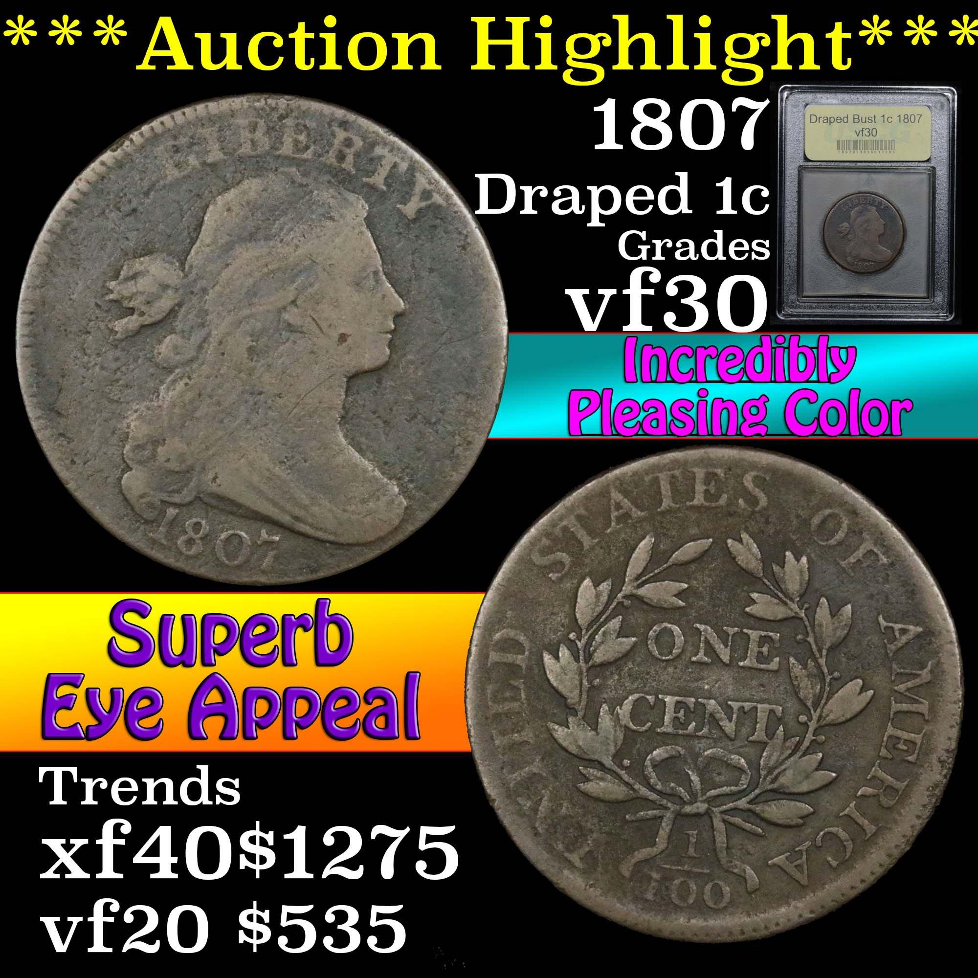 ***Auction Highlight*** 1807 Draped Bust Large Cent 1c Graded vf++ By USCG (fc)