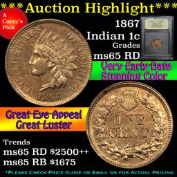 ***Auction Highlight*** 1867 Indian Cent 1c Graded GEM Unc RD By USCG (fc)