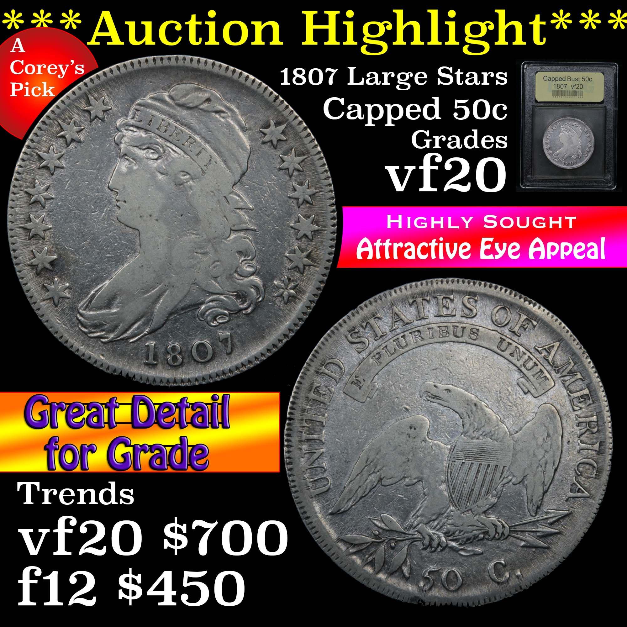 ***Auction Highlight*** 1807 Large Stars Capped Bust Half Dollar 50c Graded vf, very fine USCG (fc)