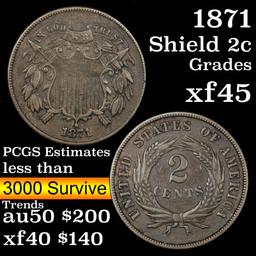 1871 2 Cent Piece 2c Grades xf+