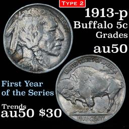 1913-p Ty2 Buffalo Nickel 5c Grades AU, Almost Unc