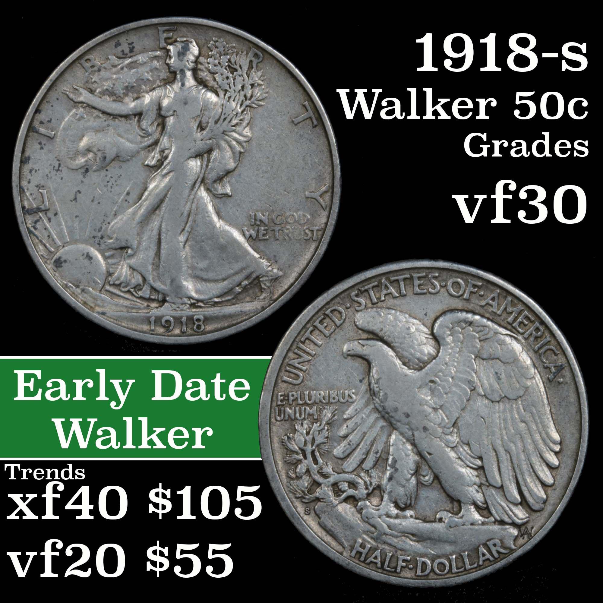 1918-s Walking Liberty Half Dollar 50c Grades vf++