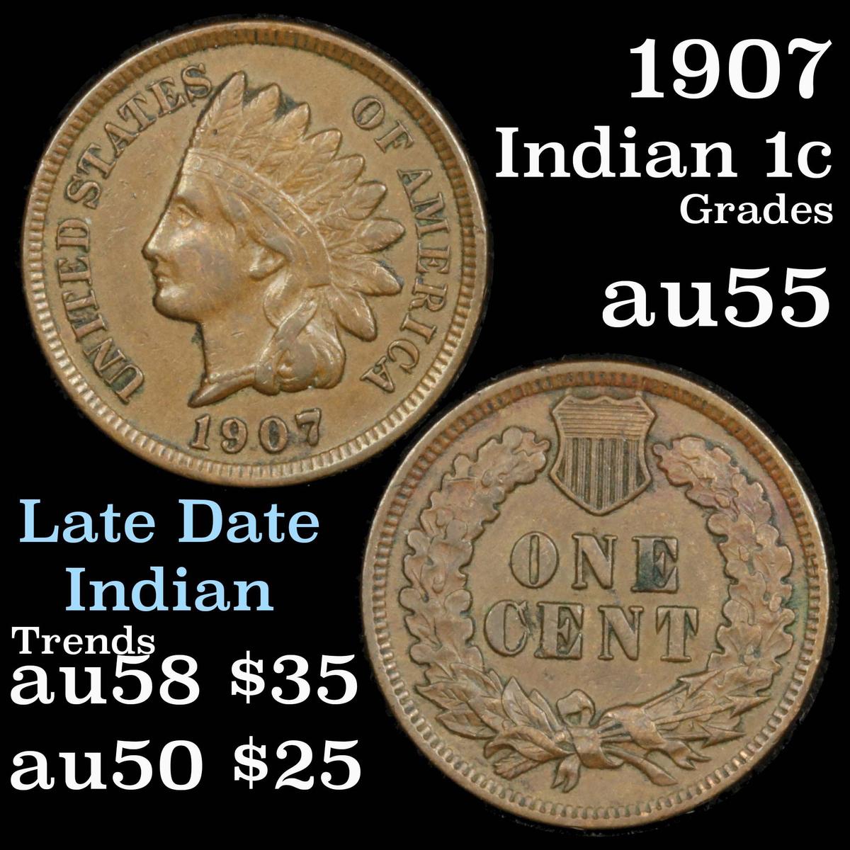 1907 Indian Cent 1c Grades Choice AU