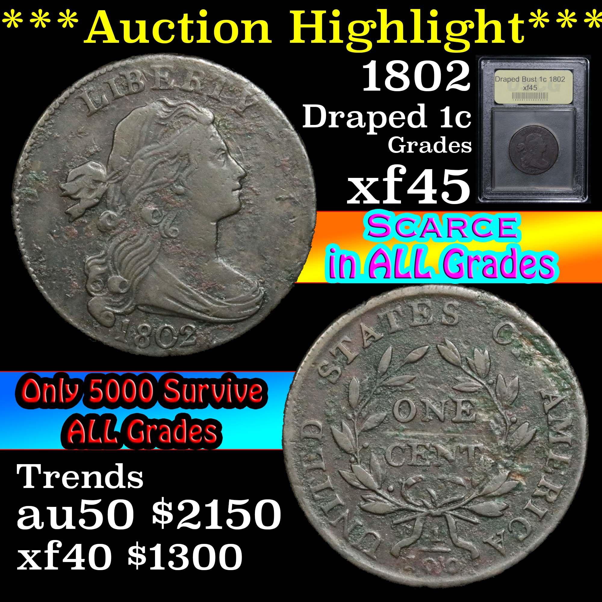 ***Auction Highlight*** 1802 Draped Bust Large Cent 1c Graded xf+ By USCG (fc)