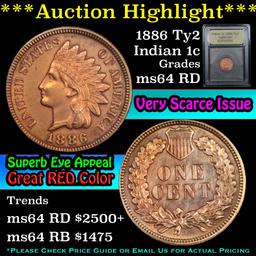 ***Auction Highlight*** 1886 Ty2 Indian Cent 1c Graded Choice Unc RD By USCG (fc)