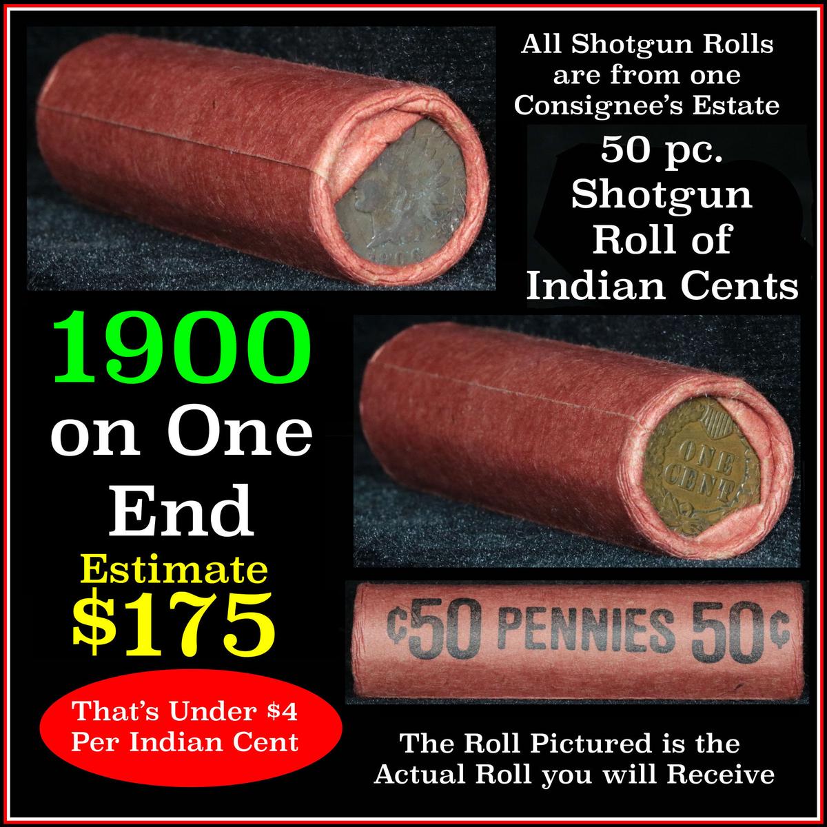 Indian Head Penny 1c Shotgun Roll, 1900 on one end, reverse on the other