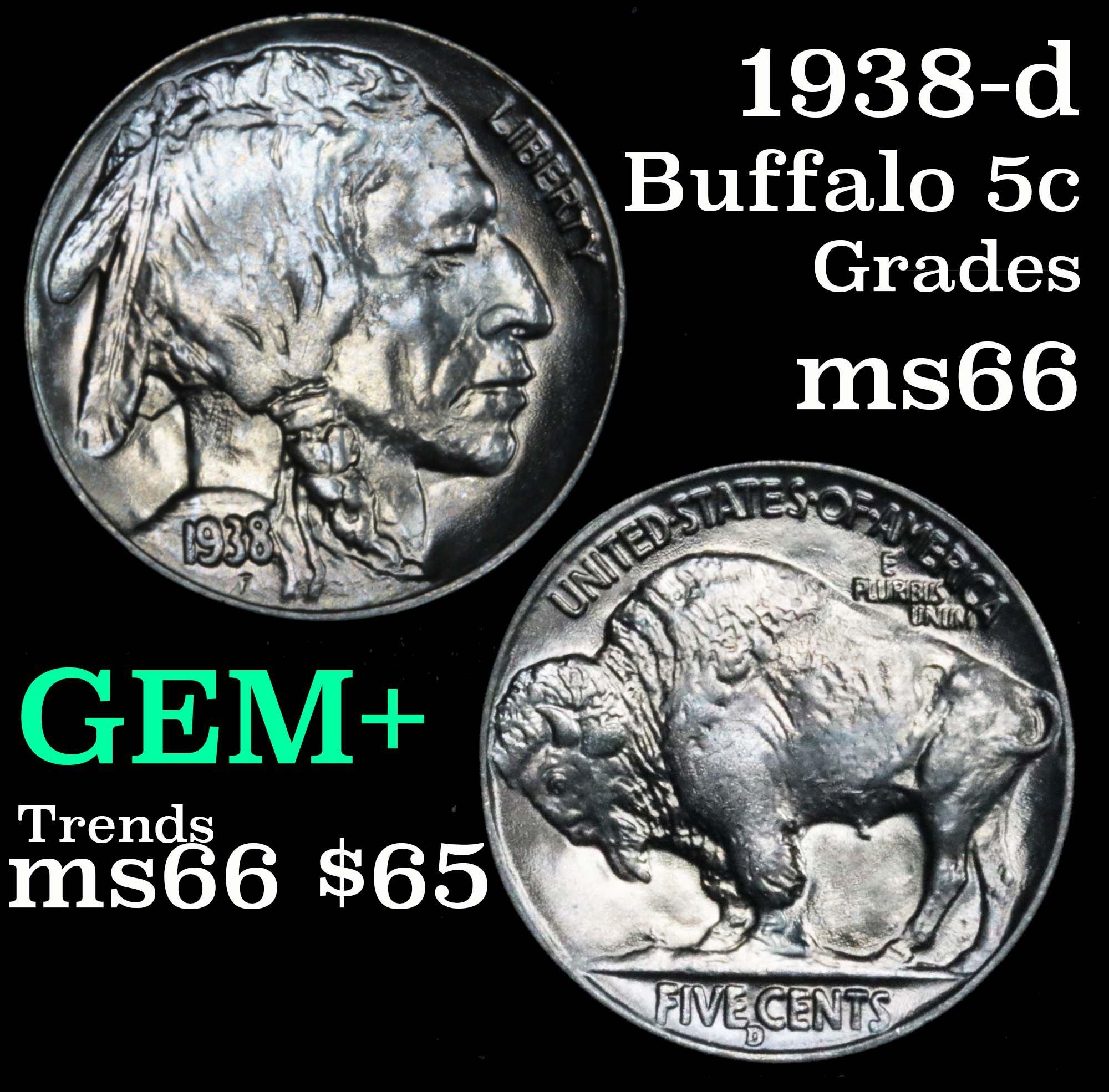 1938-d Buffalo Nickel 5c Grades GEM+ Unc