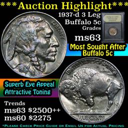***Auction Highlight*** 1937-d 3 Leg Buffalo Nickel 5c Graded Select Unc By USCG (fc)