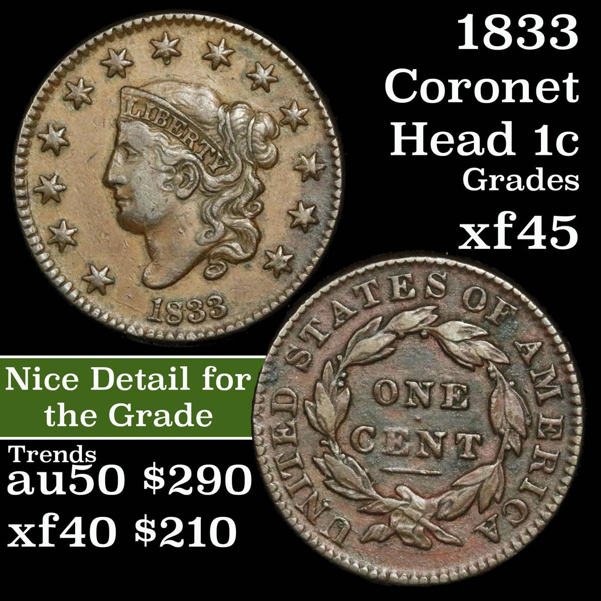 1833 Coronet Head Large Cent 1c Grades xf+