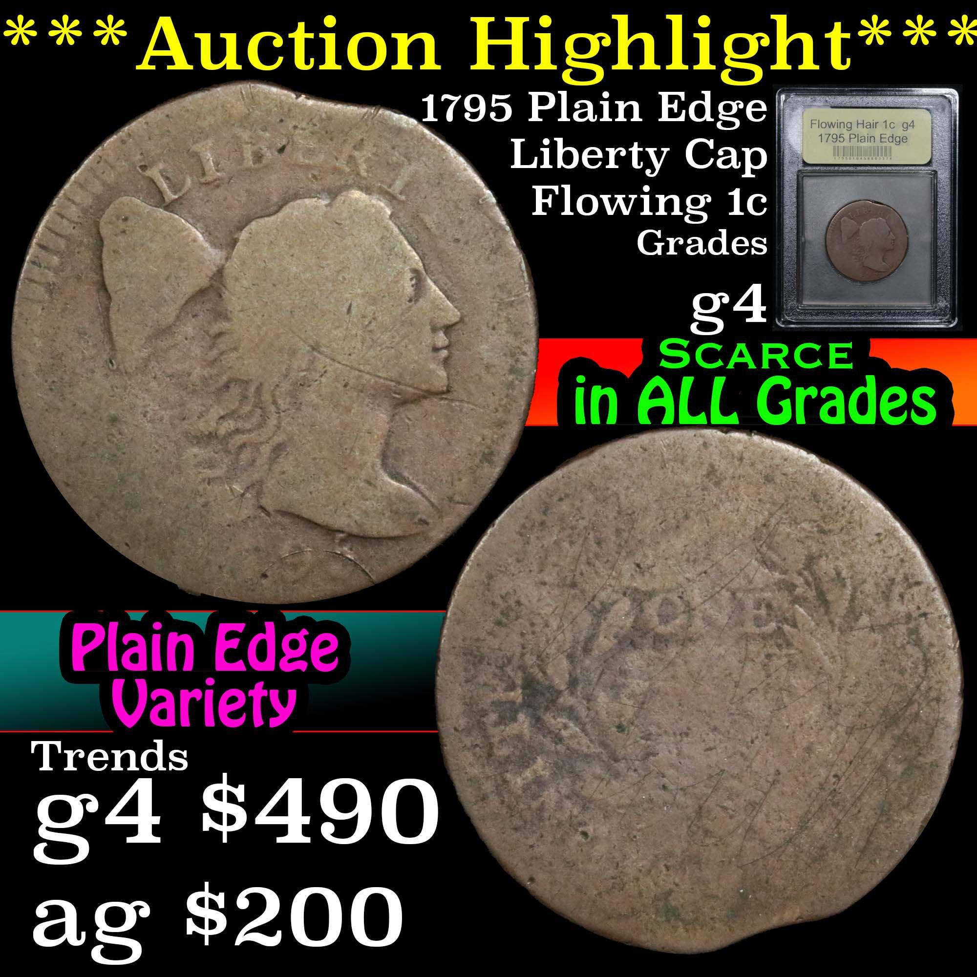 ***Auction Highlight*** 1795 Plain Edge Flowing Hair large cent 1c Graded g, good By USCG (fc)