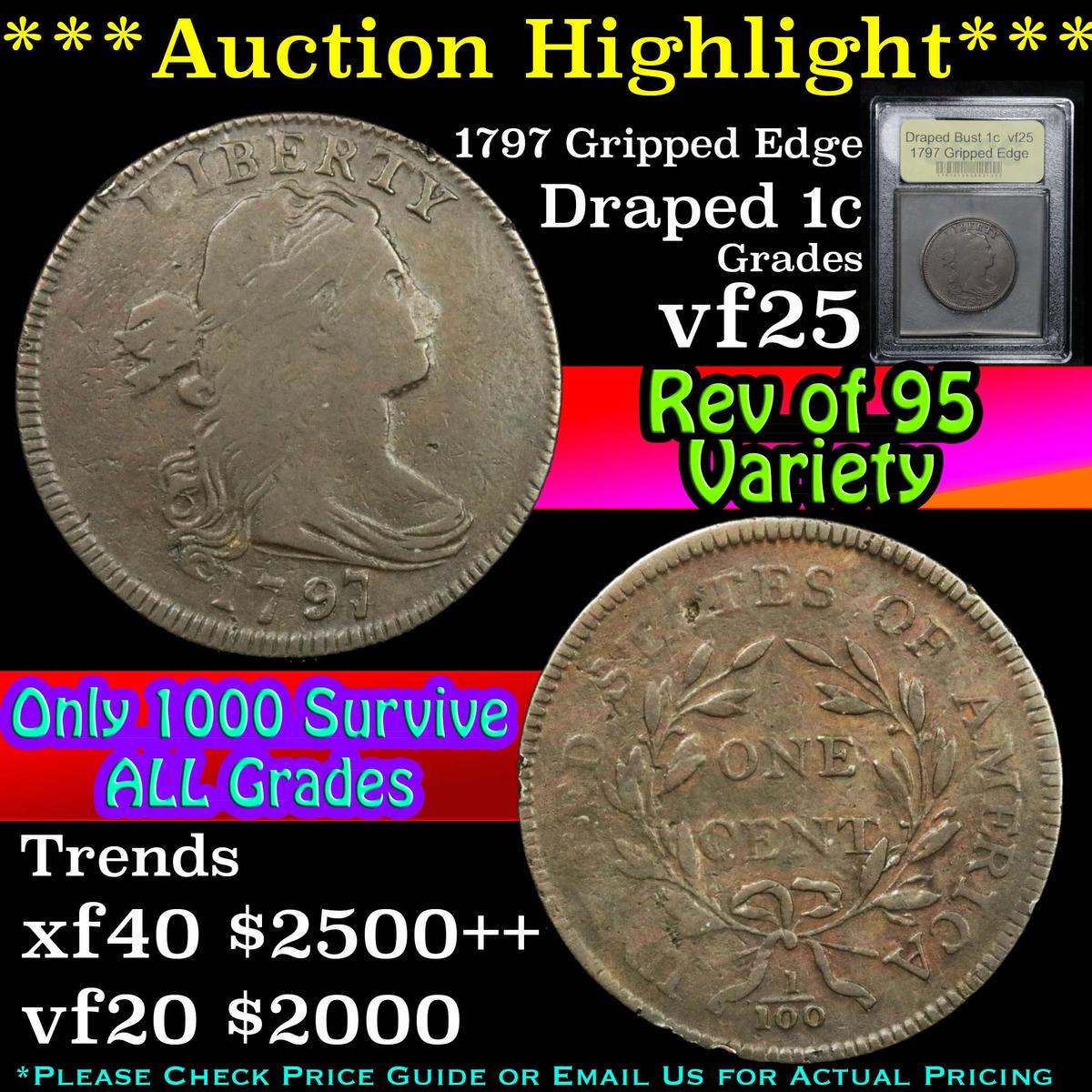 ***Auction Highlight*** 1797 Rev '95 Gripped Edge Draped Bust Large Cent 1c Graded vf+ by USCG (fc)