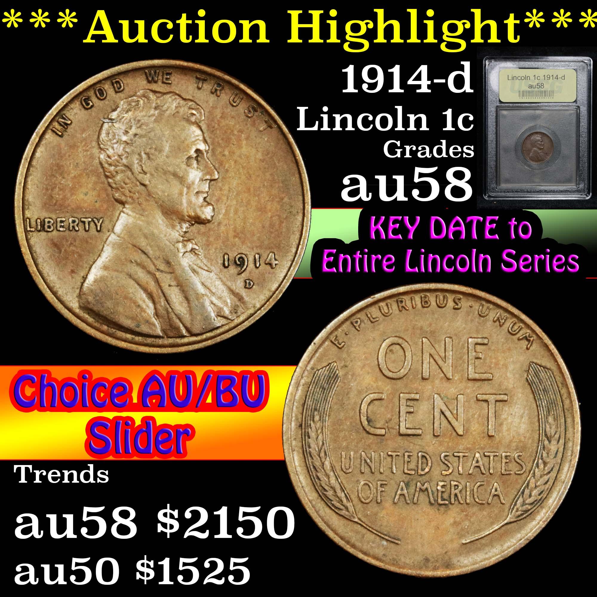 ***Auction Highlight*** 1914-d Lincoln Cent 1c Graded Choice AU/BU Slider by USCG (fc)