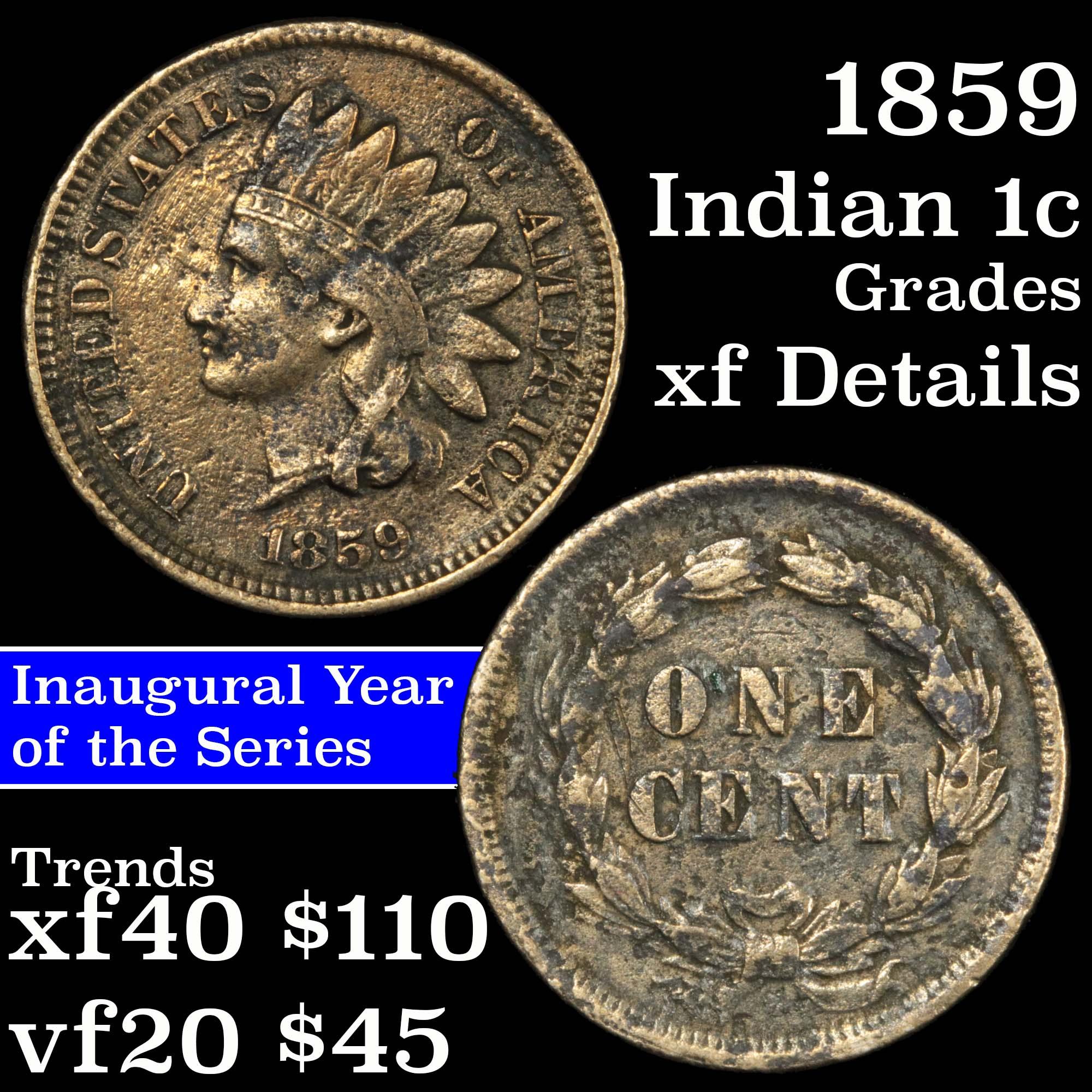 1859 Indian Cent 1c Grades xf details