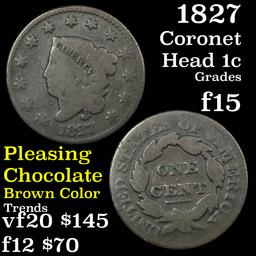 1827 Coronet Head Large Cent 1c Grades f+