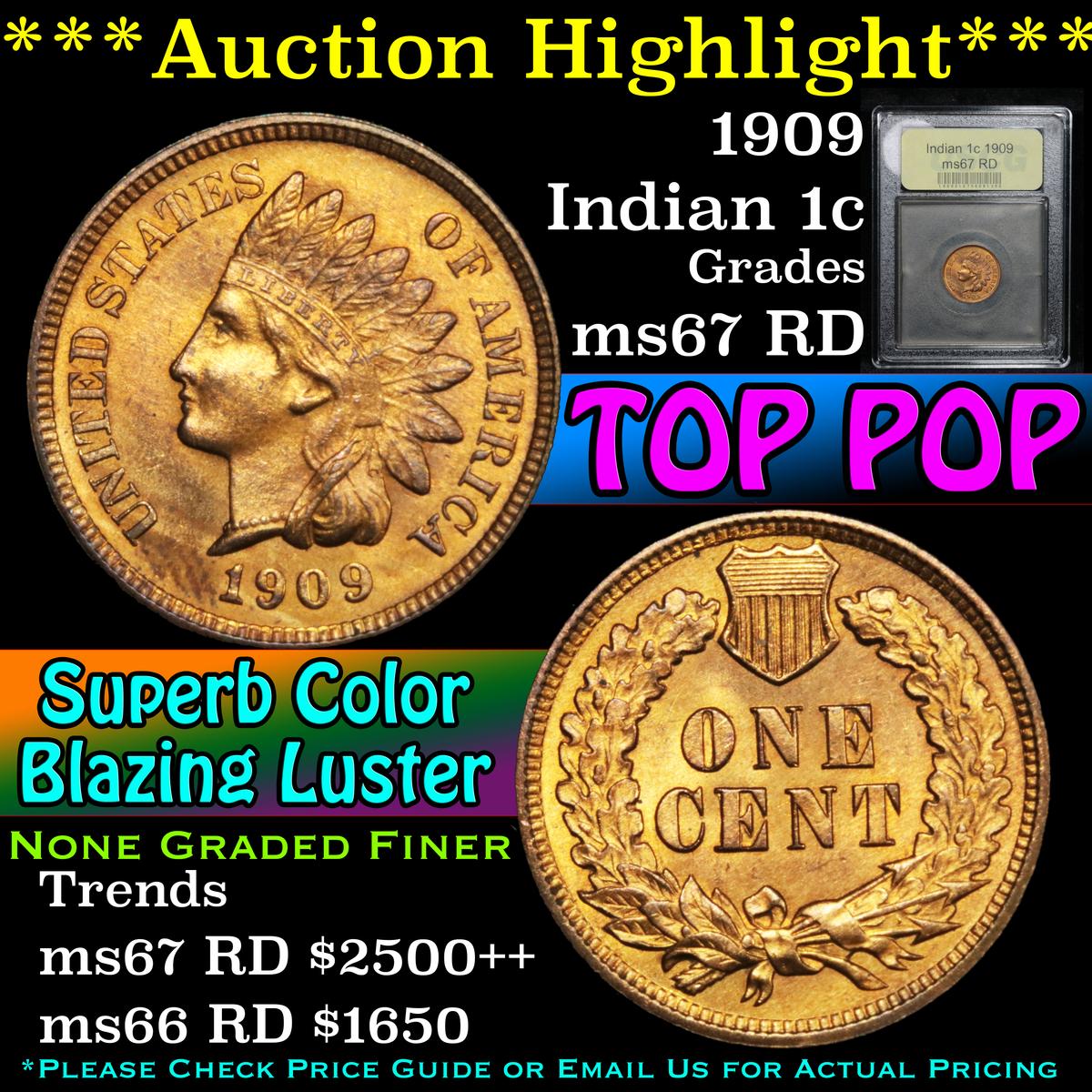 ***Auction Highlight*** 1909 Indian Cent 1c Graded GEM++ Unc RD by USCG (fc)