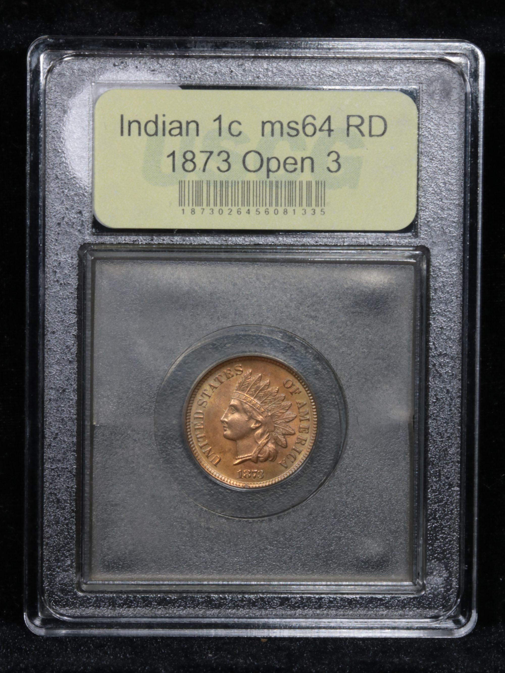 ***Auction Highlight*** 1873 Open 3 Indian Cent 1c Graded Choice Unc RD by USCG (fc)