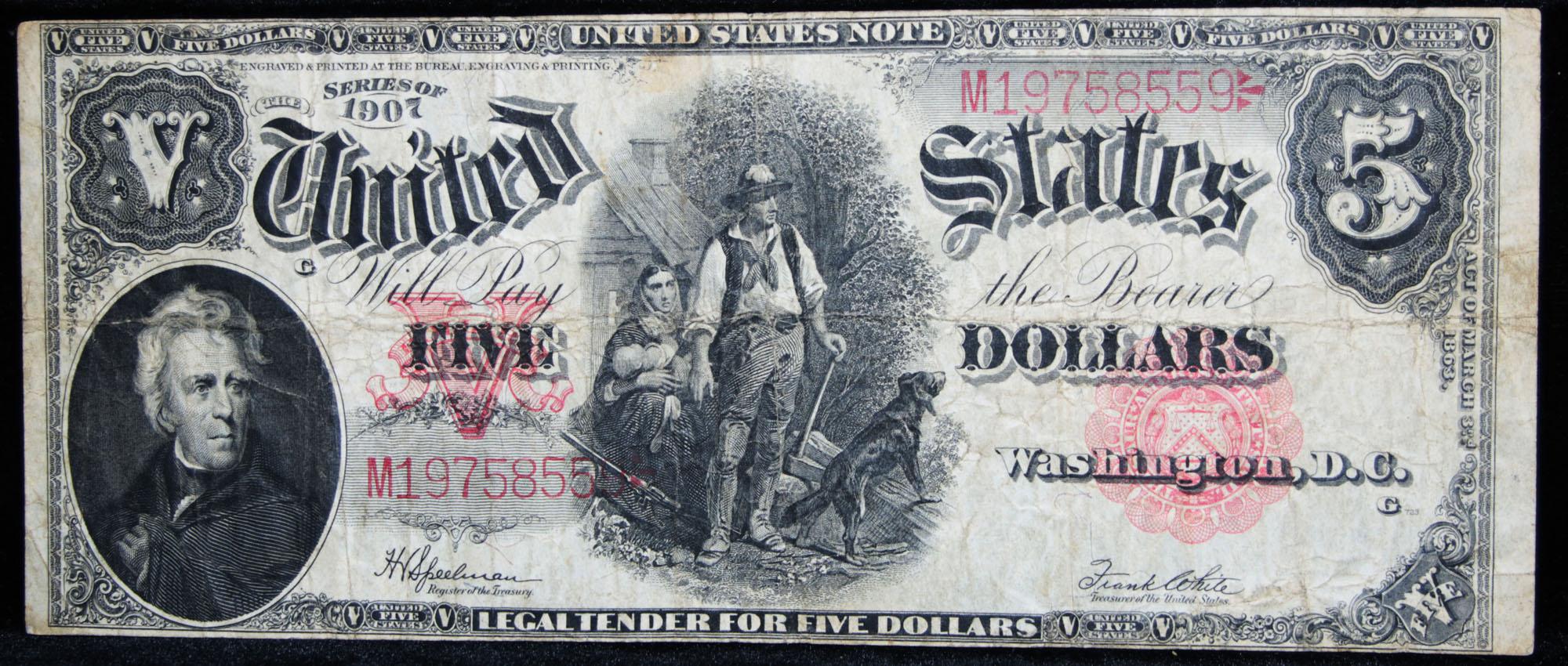 ***Auction Highlight*** Series of 1907 $5 "Woodchopper" Legal Tender Note Grades vf++ (fc)