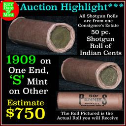 ***Auction Highlight*** Indian 1c Shotgun Roll, 1909 end, KEY date 's' mint on the other, Wow! (fc)