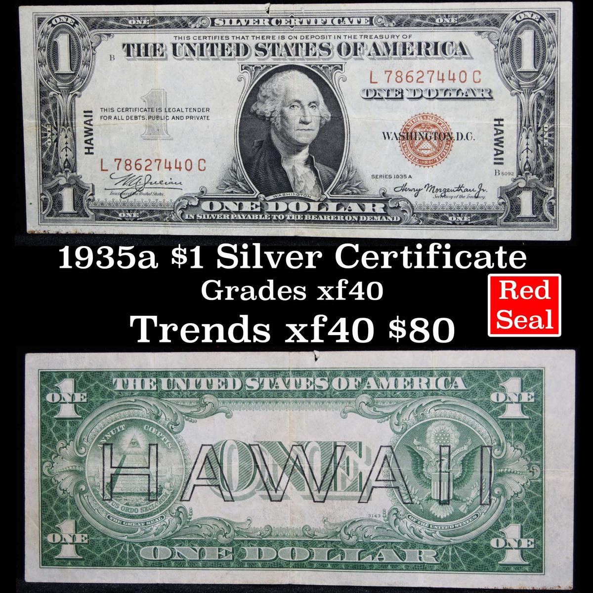 1935a $1 Silver Certificate Hawaii, Signatures of Julian & Morgenthau Grades xf