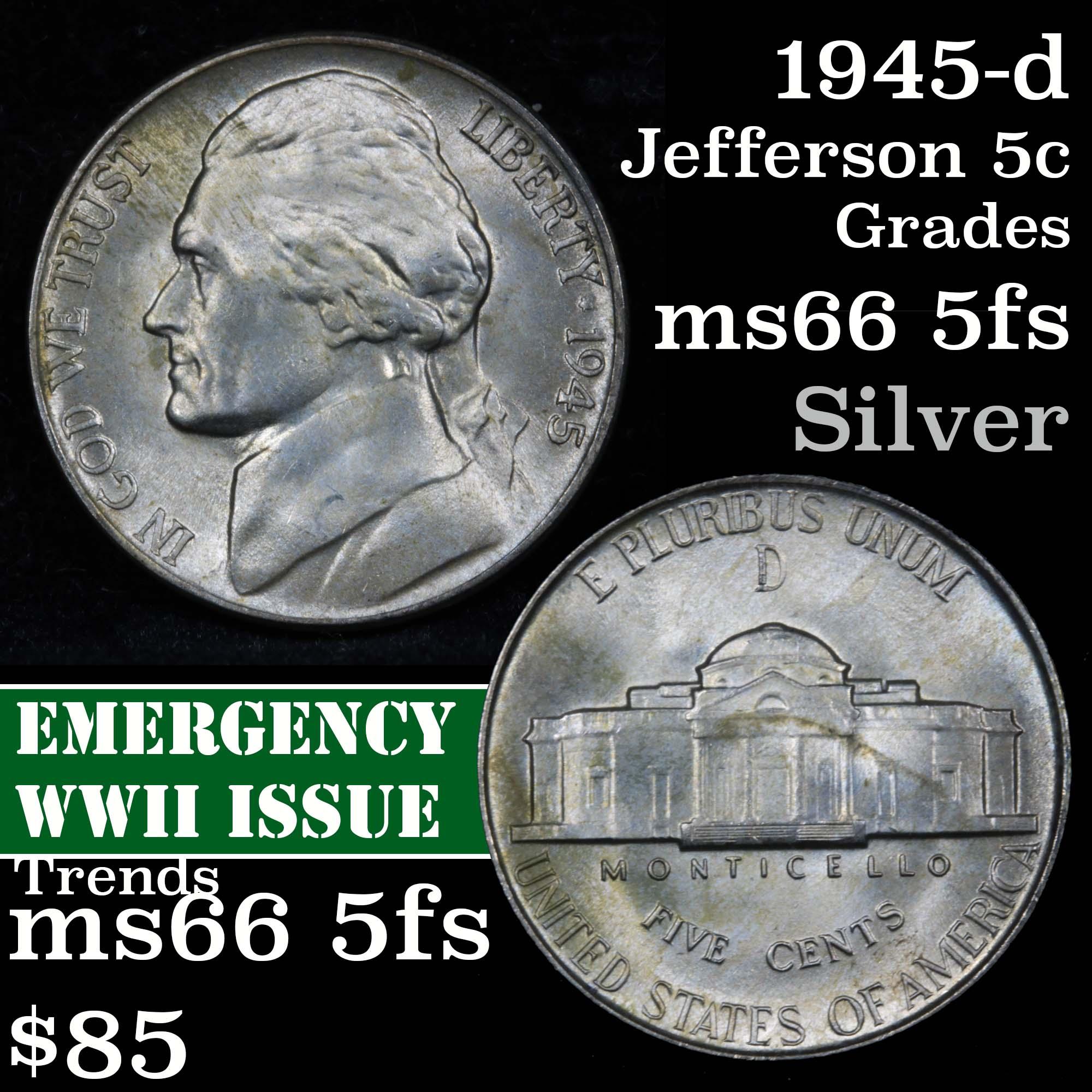 1945-d Jefferson Nickel 5c Grades GEM+ 5fs