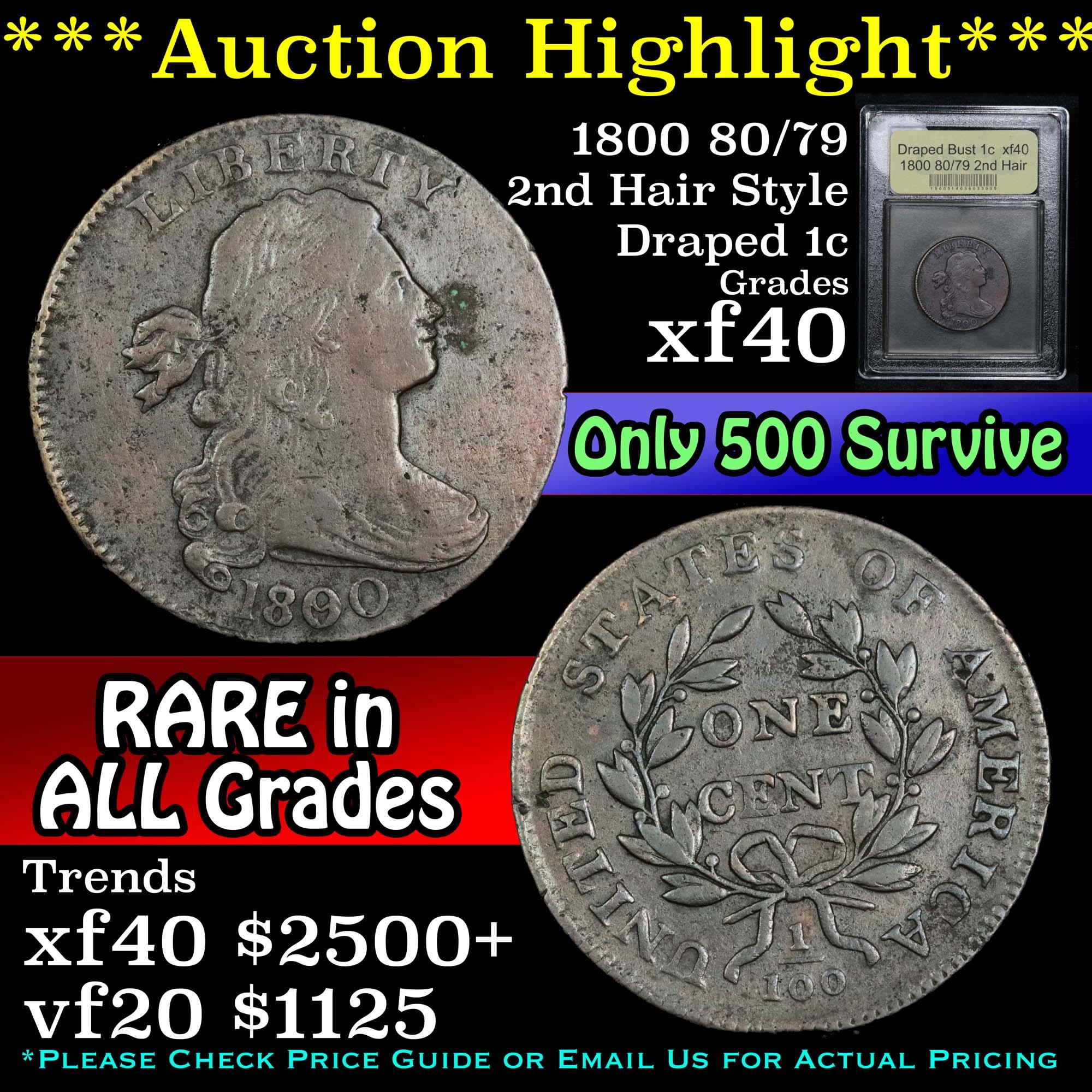 ***Auction Highlight*** 1800 80/79 2nd Hair Draped Bust Large Cent 1c Graded xf By USCG (fc)