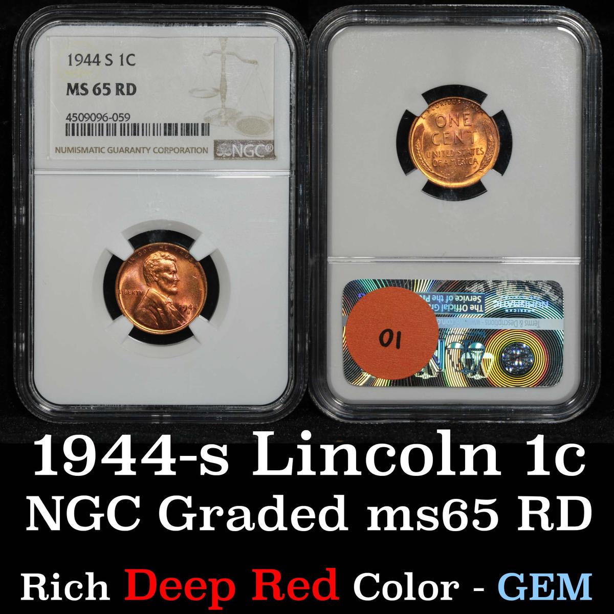 NGC 1944-s Lincoln Cent 1c Graded ms65 RD by NGC