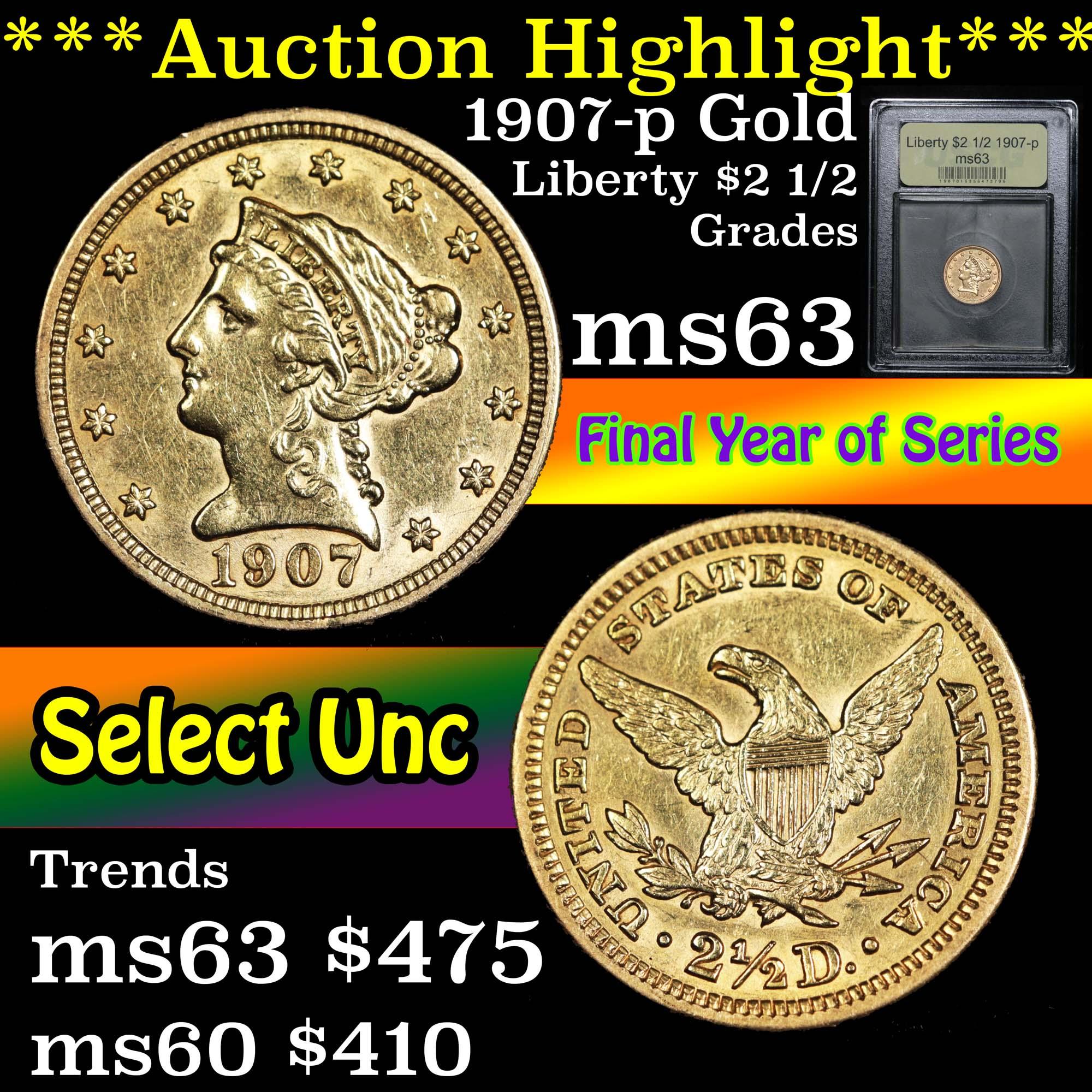 1907-p Gold Liberty Quarter Eagle $2 1/2 Graded Select Unc By USCG