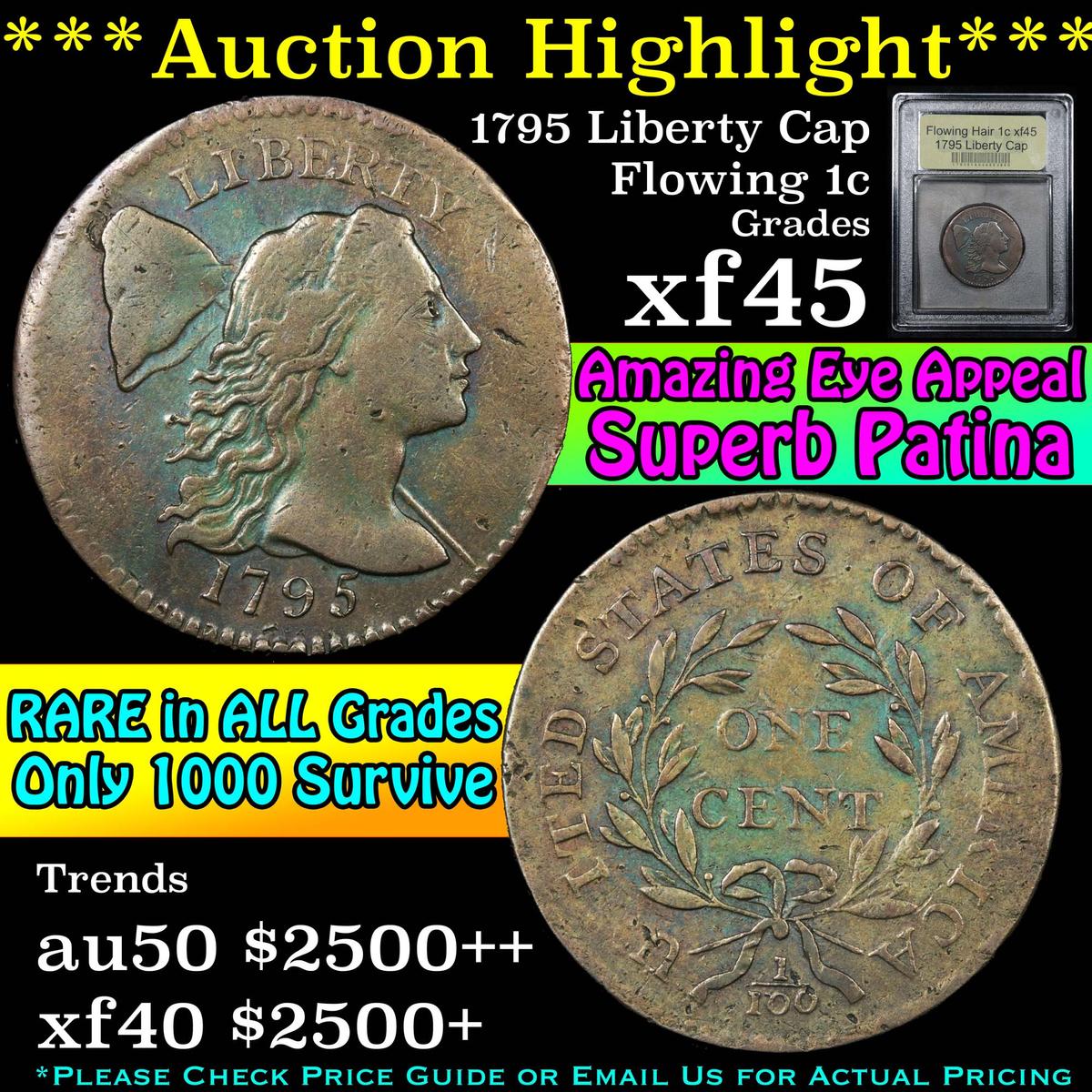 ***Auction Highlight*** 1795 Liberty Cap Flowing Hair large cent 1c Graded xf+ By USCG (fc)